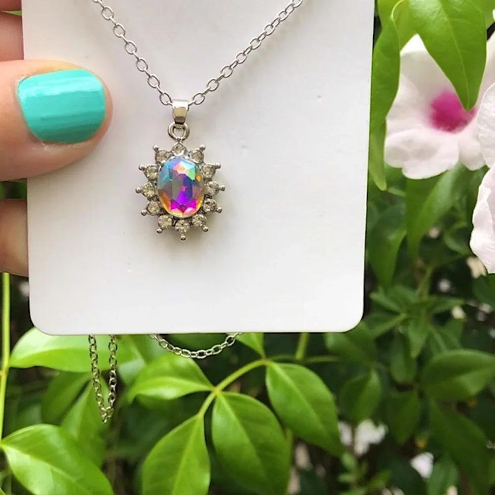 Aurora Borealis Crystal Halo Drop Necklace - Picture 9 of 9